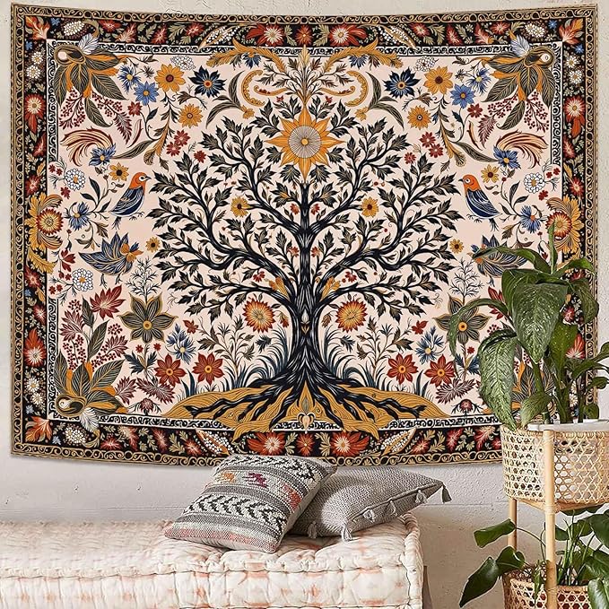 Lunerfex Folk Art Wall Tapestry - Tree of Life with Sun and Bird Wall Hanging for Bedroom and Living Room - Boho Floral Tapestries 48"x36"