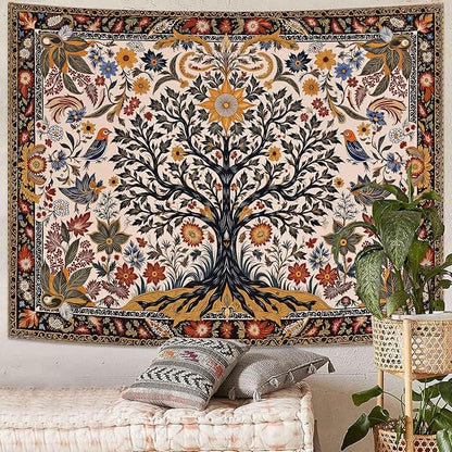 Lunerfex Folk Art Wall Tapestry - Tree of Life with Sun and Bird Wall Hanging for Bedroom and Living Room - Boho Floral Tapestries 48"x36"