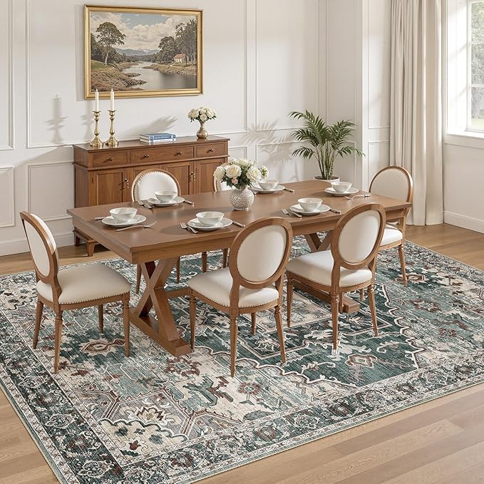 8x10 Washable Area Rugs for Living Room: Non Slip Vintage Green Rug, Large Soft Stain Resistant Indoor Floor Carpets for Bedroom Dining Room Nursery Home Office Kid & Pet Friendly