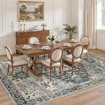8x10 Washable Area Rugs for Living Room: Non Slip Vintage Green Rug, Large Soft Stain Resistant Indoor Floor Carpets for Bedroom Dining Room Nursery Home Office Kid & Pet Friendly