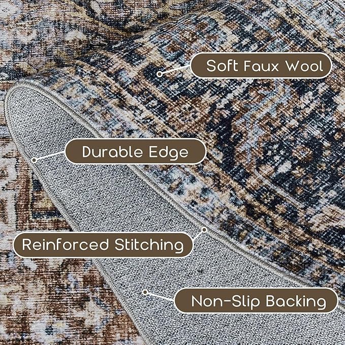 Brown Area Rug 5x7 Machine Washable Living Room Rug Modern Farmhouse Low Pile Non Slip Low Pile Boho Vintage Floral Moody Carpet for Bedroom, Dark Brown