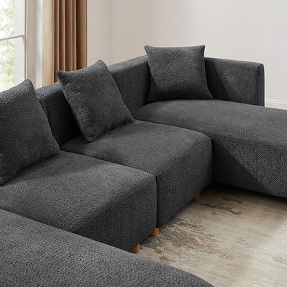 VANOMi 113" Sectional Sofa with 4 Pillows, U-Shaped 4-Seater Comfy Boucle Cloud Couch, Modern Double Chaises Lounge Sofas for Living Room, Office, Apartment (Dark Gray-U)