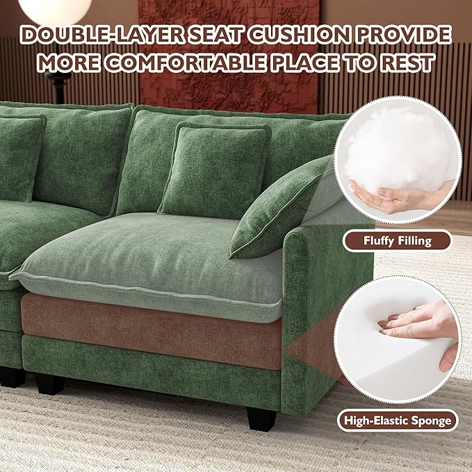 Ihanherry 114" V-Shaped Modern Sofa Modular Sectional Cloud Couch with 2 Ottoman, 7-Seat Chenille Deep Seat Sofa with Corner Section for Living Room, Bedroom and Apartment, Green