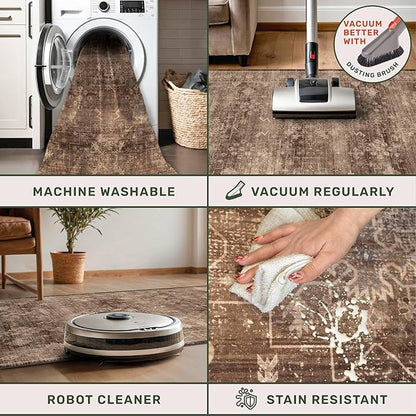 Hazo Haus Brown Washable 3x20 Extra Long Hallway Runner Rug, Neutral Boho Large Kitchen Floor Rug Indoor, Non-Slip Stain & Fade Resistant, Vintage Dark Earthy Taupe Floral Décor (3x20 Brown)