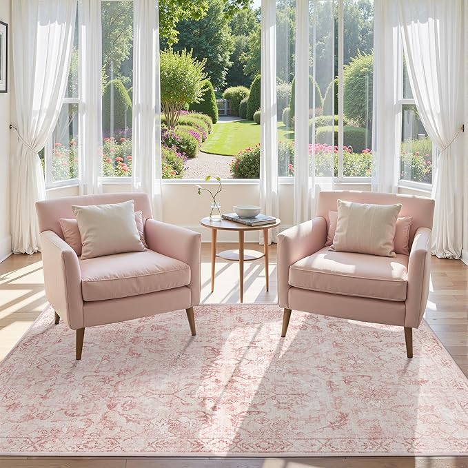 Pink Vintage Area Rug 4x6 for Living Room Bedroom, Washable Distressed Farmhouse Soft Thin Non-Shedding Indoor Throw Rug, Traditional Accent Carpet for Bedroom Office