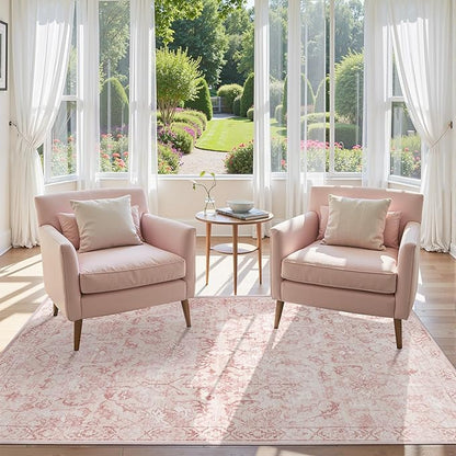 Pink Vintage Area Rug 4x6 for Living Room Bedroom, Washable Distressed Farmhouse Soft Thin Non-Shedding Indoor Throw Rug, Traditional Accent Carpet for Bedroom Office