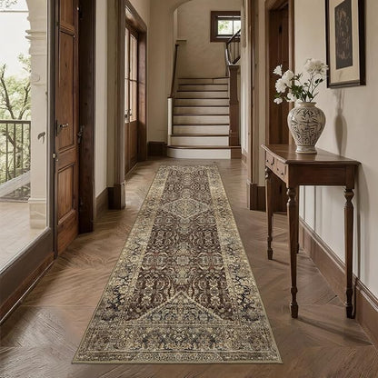 Non-Slip Runner Rugs for Hallway: 2x6 Washable Long Rug for Entryway Kitchen Bathroom Bedroom Indoor - Vintage Home Decor Mat Carpet - Oriental Dark Brown
