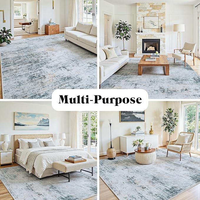 6x9 Area Rugs Washable Rug:Anti-Skid Abstract Modern Living Room Rug Soft Thin Carpets Indoor Floor Non-Shedding Carpet for Bedroom Dining Farmhouse Nursery Home Office(Blue/Grey/Gold/White, 6x9)