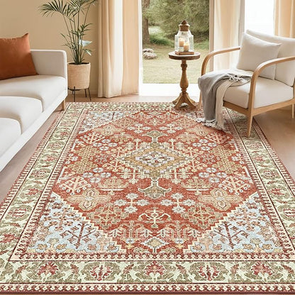 Kokia 5x7 Area Rugs for Living Room, Machine Washable Low Pile Rug, Non Slip Backing Boho Rugs for Bedroom, Printed Soft Vintage Carpet Orange 5 x 7
