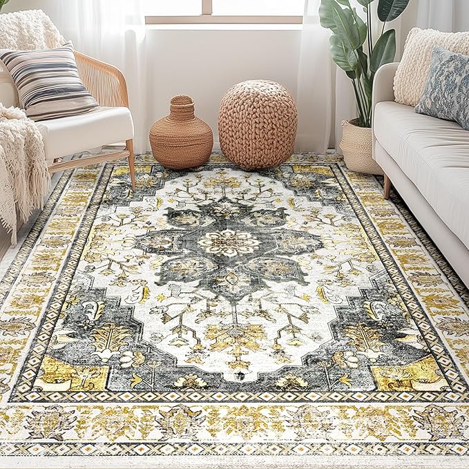 BESTSWEETIE 5x7 Area Rug Washable Rugs for Living Room, No Pile Boho Carpet for Entryway Bedroom Dinning Room, Vintage Carpet Print Distressed Non-Slip, 5 x 7 ft, Grey Brown