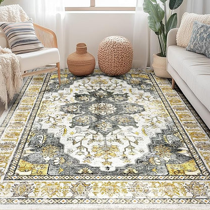 BESTSWEETIE 5x7 Area Rug Washable Rugs for Living Room, No Pile Boho Carpet for Entryway Bedroom Dinning Room, Vintage Carpet Print Distressed Non-Slip, 5 x 7 ft, Grey Brown