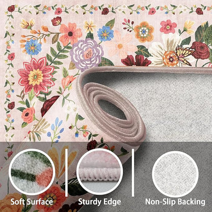 Light Pink Area Rugs 10x14 for Living Room, Non Slip Machine Washable Floral Rugs, Low Pile Lightweight Large Rug for Bedroom, Dining Room, Home Office
