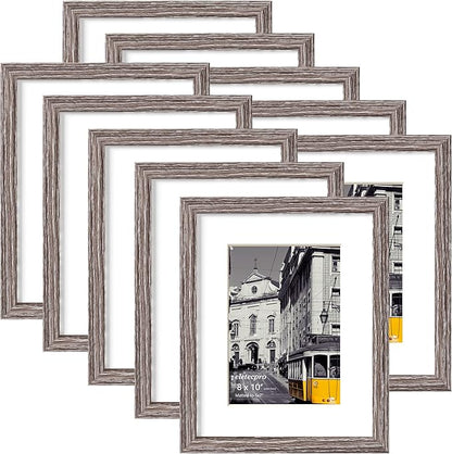 eletecpro 8x10 Picture Frames Set of 10, Gallery Wall Frame Display 5x7 Photo with Mat or 8x10 without Mat, Picture Frame Collage Wall Decor for Wall Mounting, Weathered Grey