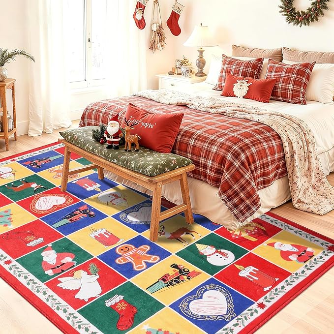 Soft Area Rugs for Living Room, 4x6 Ft Checkered Vintage Washable Geometric Print Carpet, Non Slip Low Pile Soft Bedroom Home Decor Rugs for Bedside, Office, Dining Room, Nursery, Red