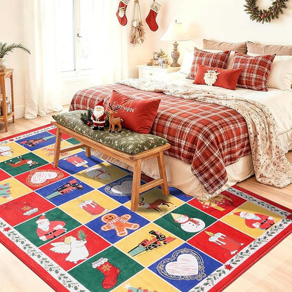 8x10 Area Rugs for Living Room, Washable Checkered Vintage Floral Carpet, Non Slip Low Pile Soft Large Geometric Rugs for Bedroom Bedside Farmhouse Dining Room Kids Nursery, Red
