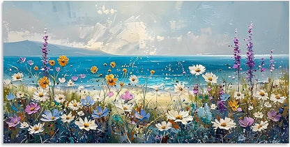 TutuBeer 1 Pcs Boho Beach Coastal Vintage Floral Wall Picture Rustic Wildflower Field Vintage Wall Art Canvas Prints Daisy Flowers Sea Canvas Print Farmhouse Wall Art for Home Wall Decor 8x16inch