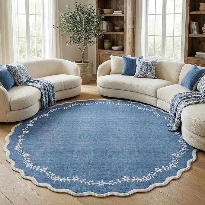 GarveeHome Scalloped Round Area Rugs 8ft for Living Room, Large Solid Navy Washable Circle Rug Soft Non Slip Floral Print Floor Mat Carpet Indoor Thin Rug for Bedroom Dining Room Playroom Nursery