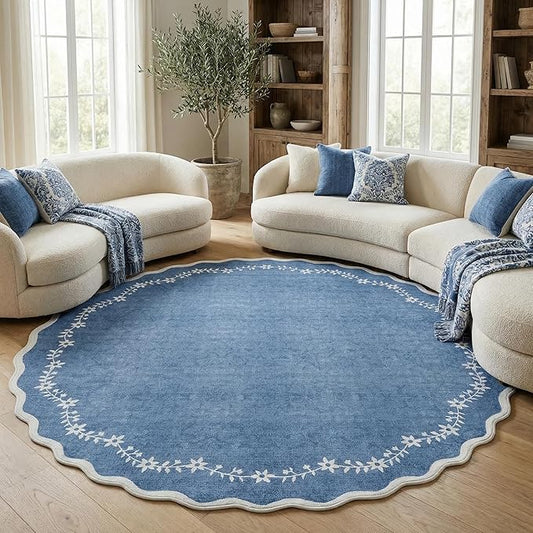 GarveeHome Scalloped Round Area Rugs 8ft for Living Room, Large Solid Navy Washable Circle Rug Soft Non Slip Floral Print Floor Mat Carpet Indoor Thin Rug for Bedroom Dining Room Playroom Nursery