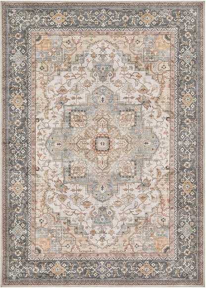 Washable Area Rugs for Living Room - 10x14 Neutral Vintage Distressed Floral Farmhouse Boho Large Soft Floor Rug Indoor Non Slip Carpet for Bedroom Dining Room Office - Forest Green Orange