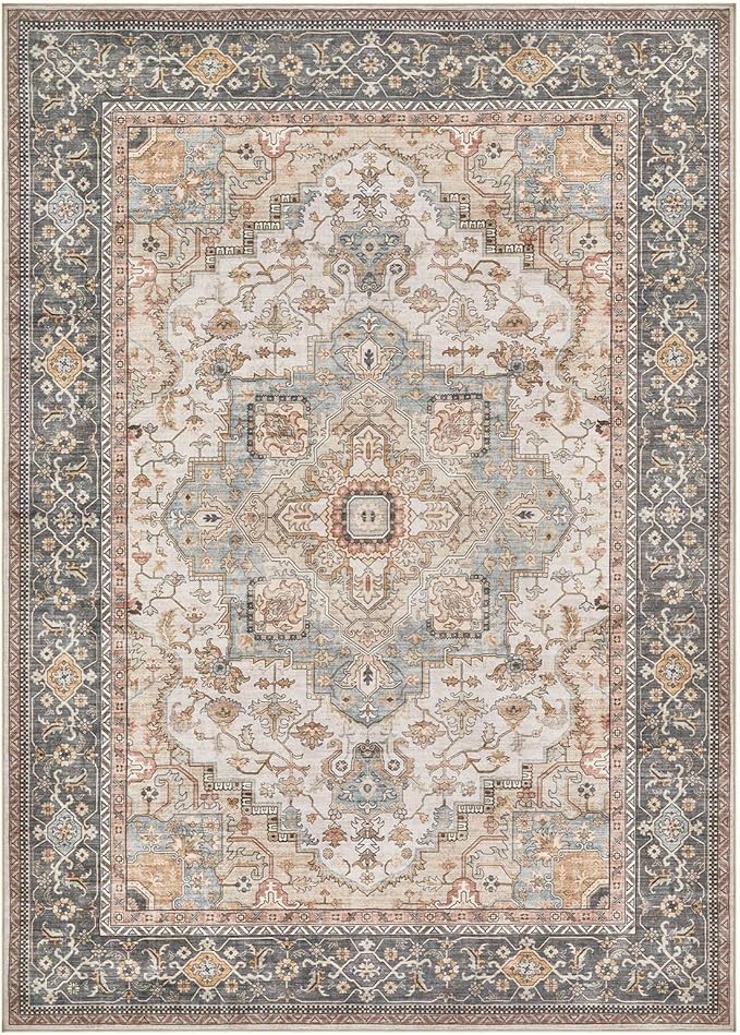 EIEIHOUSE Washable Area Rugs for Living Room - 9x12 Neutral Vintage Distressed Floral Farmhouse Boho Large Soft Floor Rug Indoor Non Slip Carpet for Bedroom Dining Room Office -Forest Green Orange