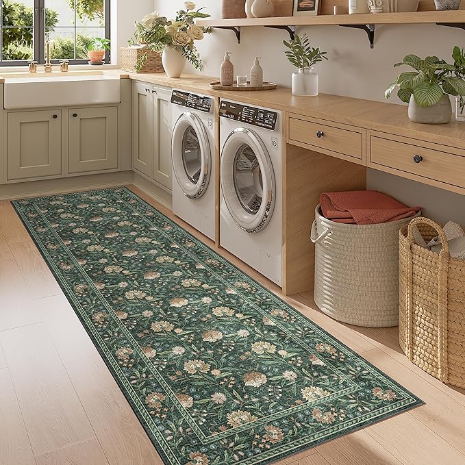 DUKINO 2x6 Rug for Hallway, Vintage Floral Non Slip Kitchen Runner Rug with Washable & Lightweight, Soft Low Pile Indoor Floor Stain Resistant Carpet for Entryway, Bedroom, Bathroom, Laundry, Green