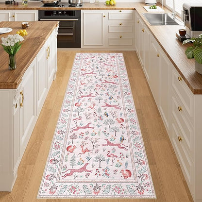 DUKINO 2x6 Rug for Hallway, Washable Kitchen Runner Rug with Non Slip Backing, Soft Low Pile Vintage Animal Runner for Bedroom, Kitchen, Hallway, Entryway, Laundry, Pink