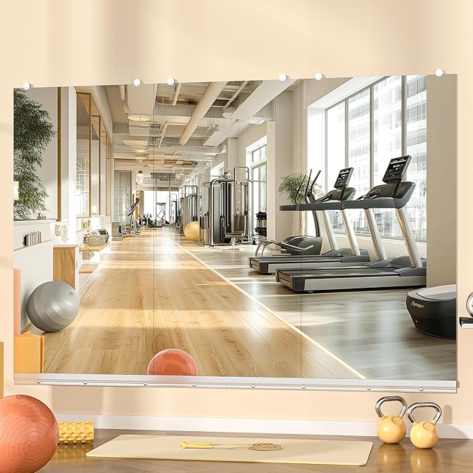 Hasipu Home Gym Mirror, 48"x24" Each, 3-Pack Frameless Wall Mounted Mirrors with Glass Clamps & 2 Aluminum Rail, Large Body Mirror for Home Gym, Yoga Studio, Bedroom, Silver Tempered Glass