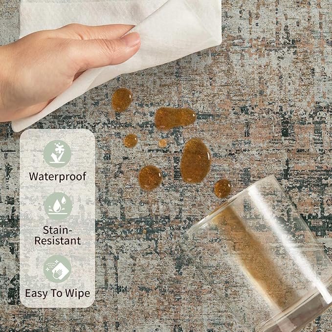 Rugxara 6x9 Washable Area Rug for Living Room, Modern Abstract Large Boho Rugs for Office, Dining Room, Kids Room, Farmhouse, Durable Low Pile Non Slip Carpet for High Traffic Areas, Moss