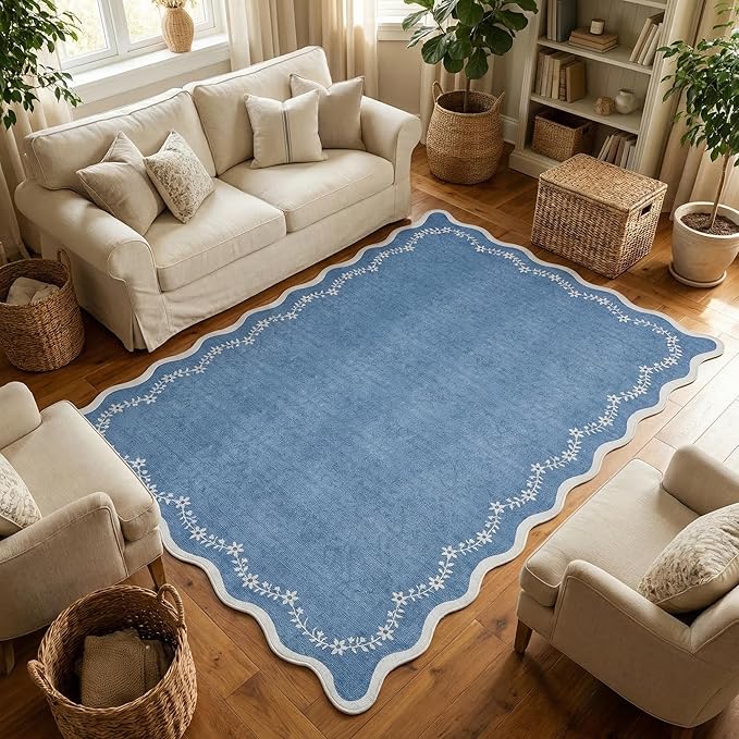 GarveeHome 4x6 Blue Scalloped Washable Area Rug for Nursery Room, Solid Floral Soft Bedroom Rug Non Slip Low Pile Small Carpet Stain Resistant Throw Rug for Dorm Kids Room Office Dining Room