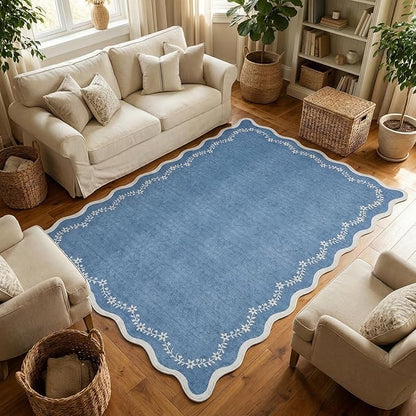 GarveeHome 4x6 Blue Scalloped Washable Area Rug for Nursery Room, Solid Floral Soft Bedroom Rug Non Slip Low Pile Small Carpet Stain Resistant Throw Rug for Dorm Kids Room Office Dining Room