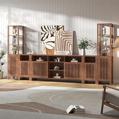 BVIUNTWO Farmhouse TV Stand for 100 inch TVs, Entertainment Center with Bookshelves, 6 Door Media Console with Adjustable Shelves, Storage Cabinet for Living Room Bedroom Home Theater, Rustic Brown