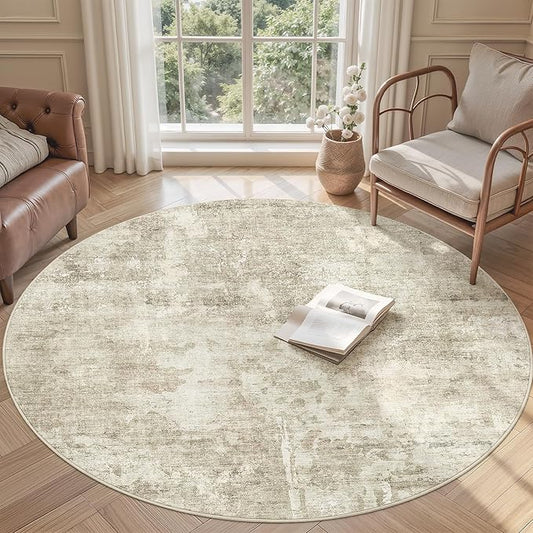 Soalmost 6x6 Beige Gray Round Rug 6ft Living Room Circle Rug Vintage Round Area Rug Non Slip Indoor Carpet for Dining Room Bedroom