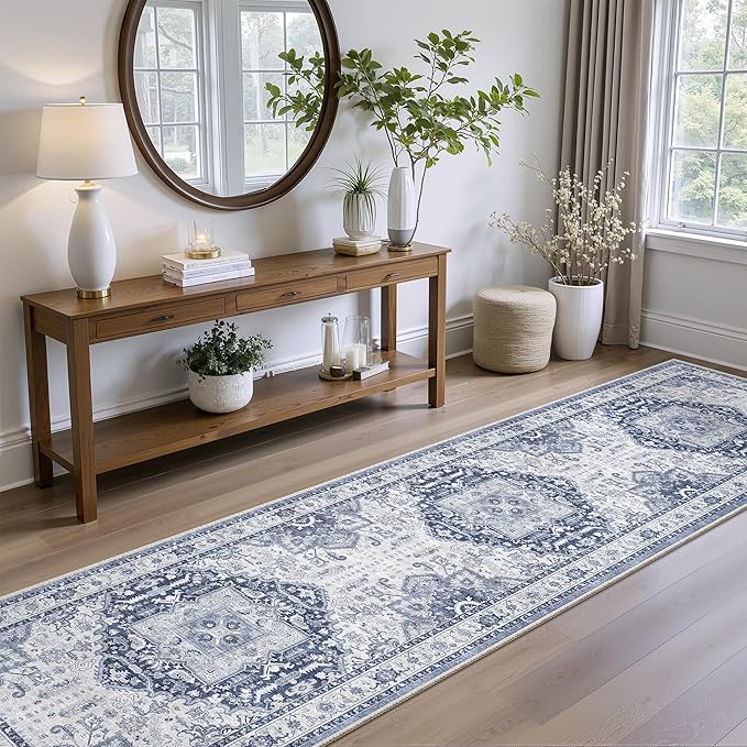 Washable Runner Rug 2.6x10- Non Slip Vintage Hallway Runner Rugs for Kitchen, Stain Resistant Long Carpet for Living Room Entryway Bedroom Laundry Navy/Blue