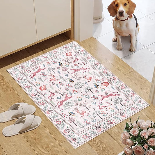 DUKINO 2x3 Rug, Washable Animal Rugs for Entryway, Non Slip Indoor Door Mat, Soft Low Pile Small Area Carpet for Entrance, Bedroom, Kitchen, Laundry, Bathroom, Pink