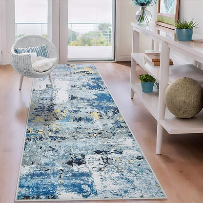 2x6 Runner Rugs for Hallways Kitchen Runner - Washable Runner Rug with Non Slip Rubber Backing, Soft Abstract Carpet Long Hallway Runners for Bedroom, Bathroom, Enterway(Blue)