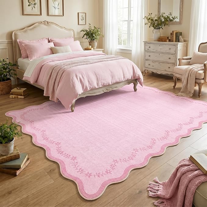 GarveeHome Valentines Scalloped Area Rugs 8x10 for Girls Bedroom, Solid Pink Large Washable Rug Soft Non Slip Backing Floor Mat Carpet Indoor Thin Rug for Living Room Dining Room Playroom Nursery