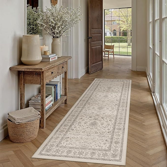 PureCozy 2x6 Runner Rug Beige Washable Hallway Vintage Carpet Kitchen Small Long Non Slip Stain Soft Resistant Low Pile Thin Boho Accent Indoor Throw Rug for Bedroom Laundry Living Room