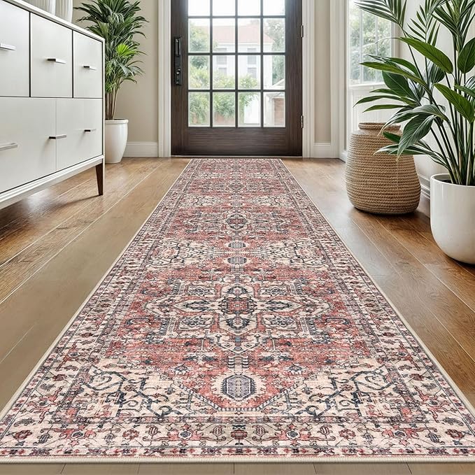 KOZYFLY Long Runners for Hallways 2x10 Ft Washable Kitchen Runner Rug Boho Style Entryway Rug Indoor Printed Faux Wool Stair Runner Carpet for Stairs Bedroom Kitchen Hall, Red Salmon/Pink/Navy