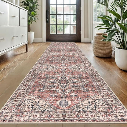 KOZYFLY Long Runners for Hallways 2x10 Ft Washable Kitchen Runner Rug Boho Style Entryway Rug Indoor Printed Faux Wool Stair Runner Carpet for Stairs Bedroom Kitchen Hall, Red Salmon/Pink/Navy