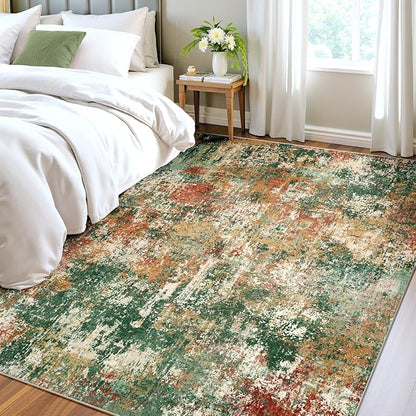 RELEANY Washable Area Rugs 5'x8' Non-Slip Modern Abstract Soft for Living Room Entryway Bedroom Nursery, Print Pattern, Green Orange Rust Red Cream Colorful
