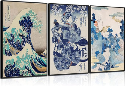 3Pcs Japanese Wall Art Great Wave Hokusai Canvas Pictures Kanagawa Paintings Blue Asian Landscape Posters Prints for Room Office Bathroom Home Wall Decor Gifts for Japan Lovers Unframed