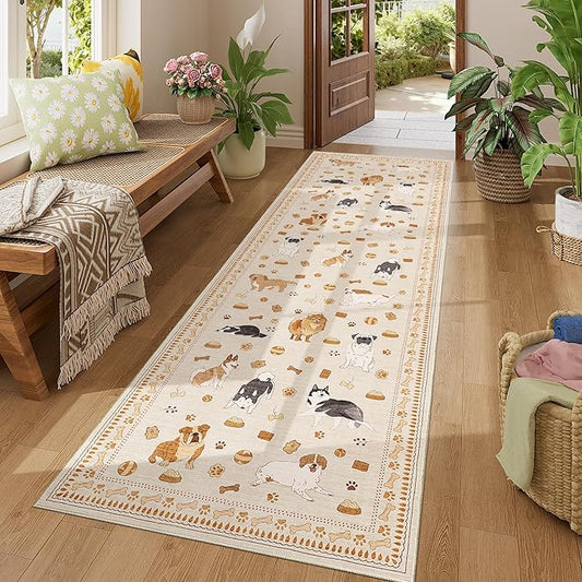 DUKINO 2.6x8 Washable Runner Rug for Hallway, Non Slip Animal Dog Kitchen Rug with Low Pile Design, Soft Stain Resistant Indoor Carpert Runner for Entryway, Bedroom, Laundry, Bathroom, Beige Yellow