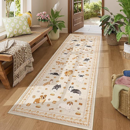 DUKINO 2x6 Washable Runner Rug for Hallway, Non Slip Animal Dog Kitchen Rug with Low Pile Design, Soft Stain Resistant Indoor Carpert Runner for Entryway, Bedroom, Laundry, Bathroom, Beige Yellow