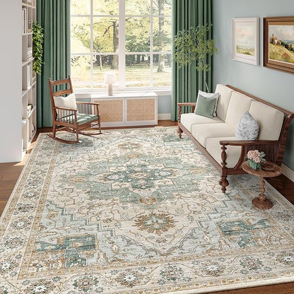 5x7 Area Rug for Living Room, Non Slip Vintage Machine Washable Rug, Foldable Stain Resistant Large Area Rugs for Bedroom, Soft Indoor Boho Carpet for Home Decor (Green/Beige, 5'x7')