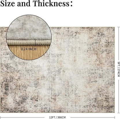 Area Rugs 9x12 Living Room: Wahsable Rubber Backing Abstract Rug for Bedroom Dining Room - Large Soft Thin Easy Clean Neutral Indoor Carpet - Contemporary Home Decor -Beige Brown