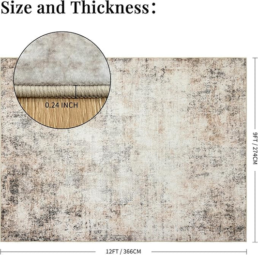 Area Rugs 9x12 Living Room: Wahsable Rubber Backing Abstract Rug for Bedroom Dining Room - Large Soft Thin Easy Clean Neutral Indoor Carpet - Contemporary Home Decor -Beige Brown