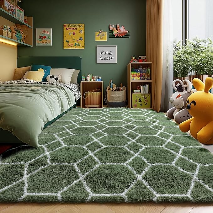ONASAR Area Rugs for Bedroom Living Room, 4x6 Fluffy Olive Green and White Throw Rug, Soft Plush Fuzzy Shaggy Geometric Floor Carpet for Nursery Kids Girls Boys Teen Dorm Home Decor Aesthetic