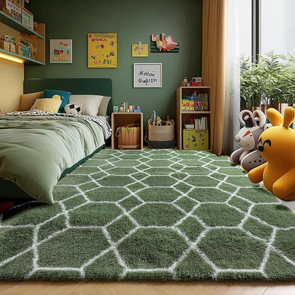 ONASAR Area Rugs for Bedroom Living Room, 4x6 Fluffy Olive Green and White Throw Rug, Soft Plush Fuzzy Shaggy Geometric Floor Carpet for Nursery Kids Girls Boys Teen Dorm Home Decor Aesthetic