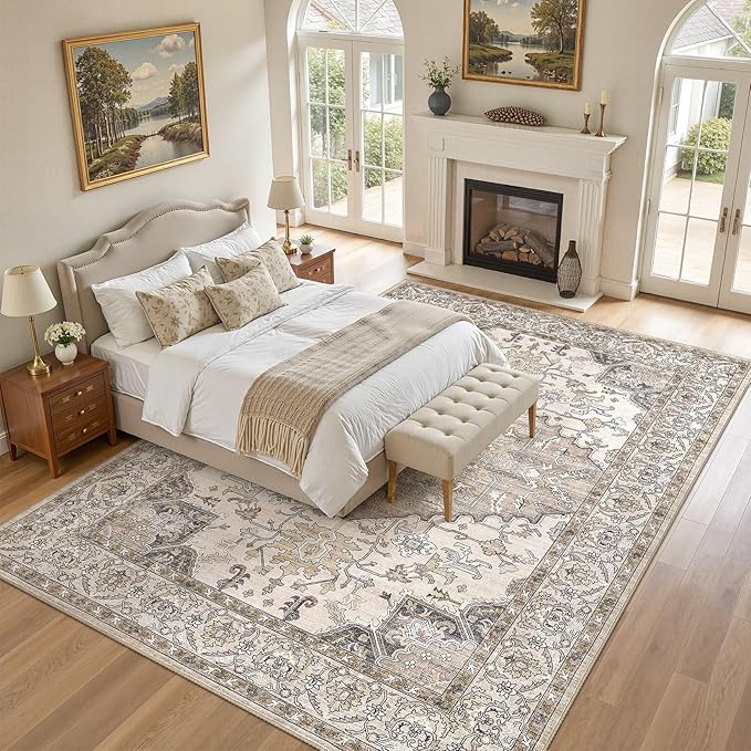 10x14 Washable Area Rugs for Living Room: Non Slip Vintage Brown Rug, Large Soft Stain Resistant Indoor Floor Carpets for Bedroom Dining Room Farmhouse Nursery Home Office Kid & Pet Friendly