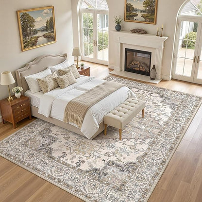 10x14 Washable Area Rugs for Living Room: Non Slip Vintage Brown Rug, Large Soft Stain Resistant Indoor Floor Carpets for Bedroom Dining Room Farmhouse Nursery Home Office Kid & Pet Friendly